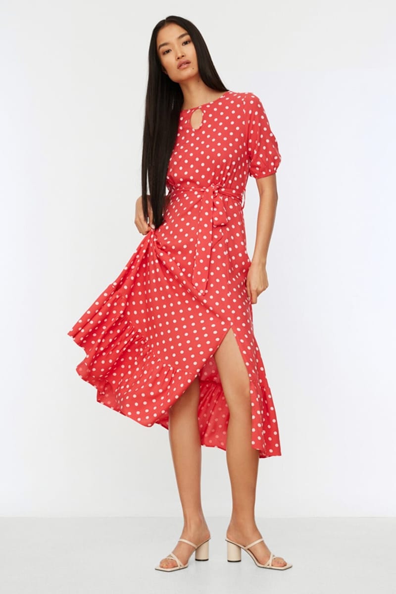 Side Split Ruffle Hem Spot Print Dress - Midi Dresses 29