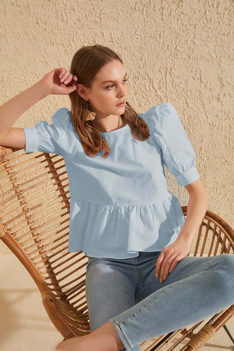 Puff Sleeve Peplum Top - Short Sleeve Tops 42