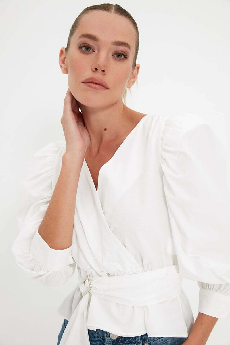 Solid Puff Sleeve Waist Tie-Up Wrap Top - Shirts & Blouses 44