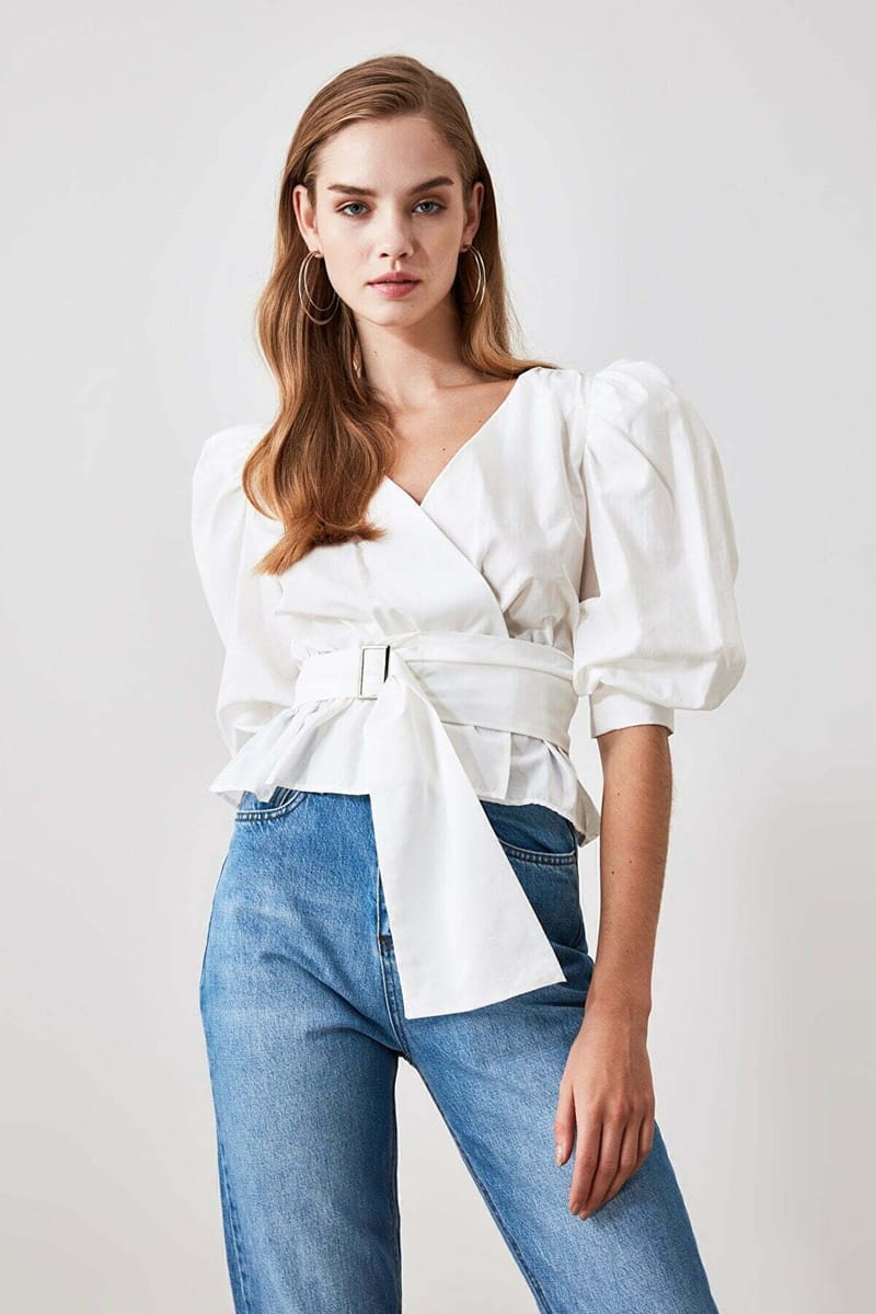 Solid Puff Sleeve Waist Tie-Up Wrap Top - Shirts & Blouses 48