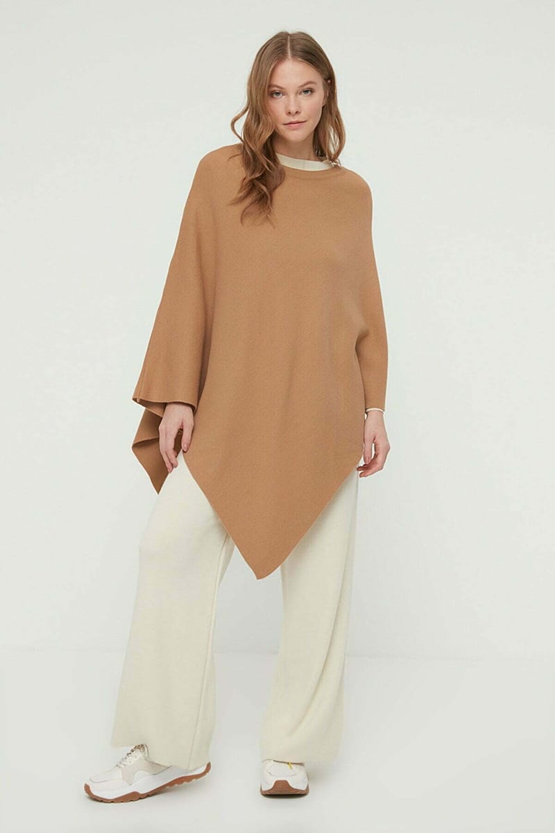 Camel Crew Neck Asymmetrical Poncho Sweater - Sweaters 12