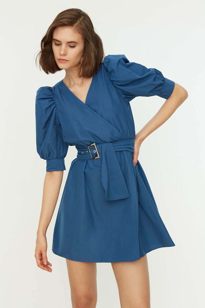 Puff Sleeve Surplice Dress - Mini Dresses 30
