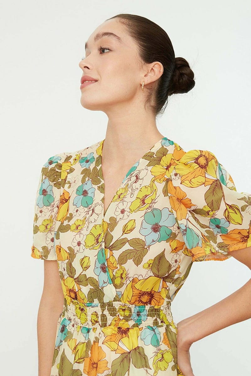 Floral Print Balloon Sleeve Dress - Midi Dresses 22