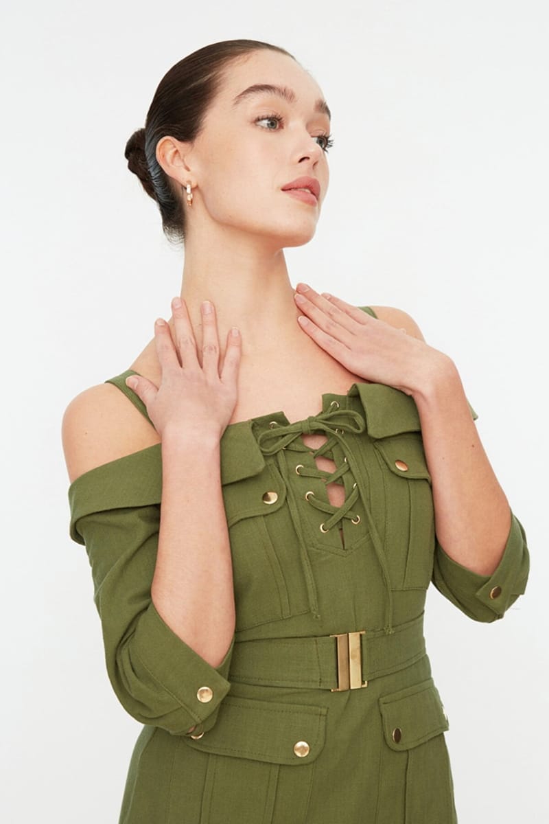 Lace Up Detail Cold Shoulder Dress - Mini Dresses 22