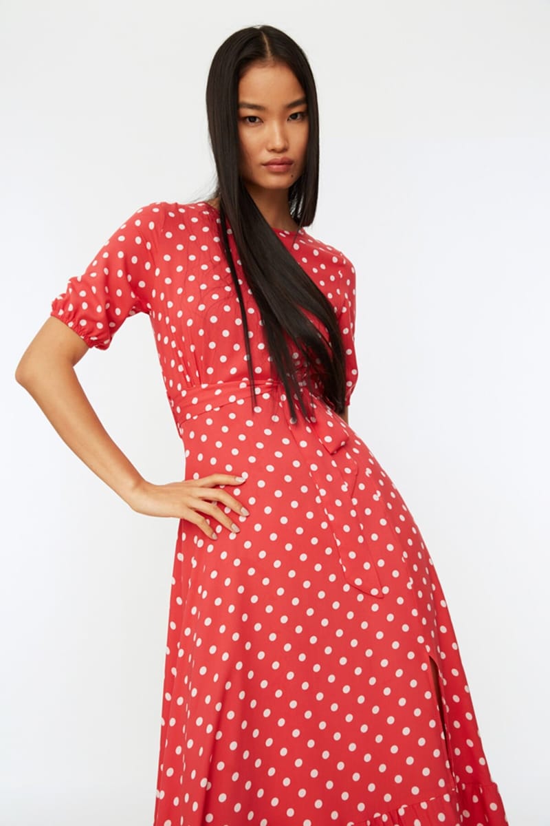 Side Split Ruffle Hem Spot Print Dress - Midi Dresses 30