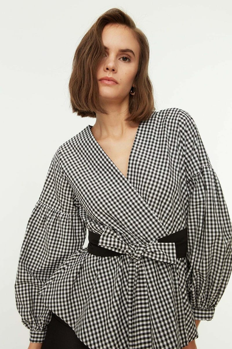 Black Belted Double-Breasted Weave Checkered Blouse - Shirts & Blouses 50