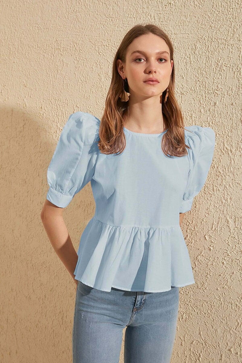 Puff Sleeve Peplum Top - Short Sleeve Tops 43