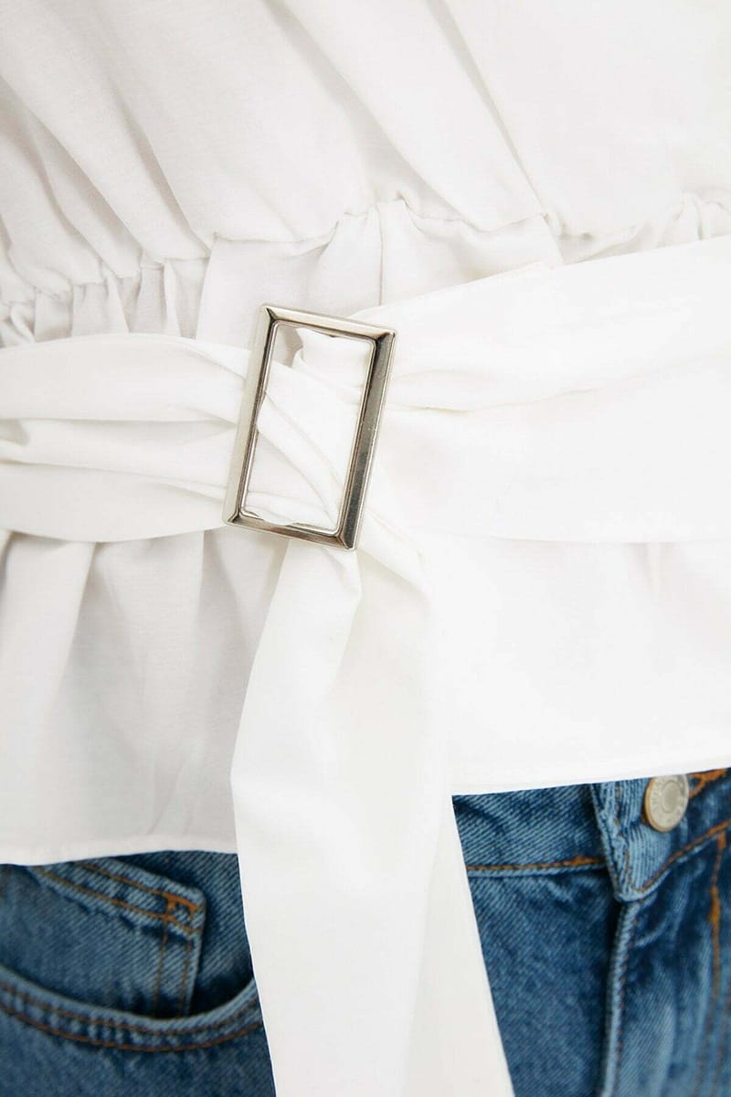 Solid Puff Sleeve Waist Tie-Up Wrap Top - Shirts & Blouses 45