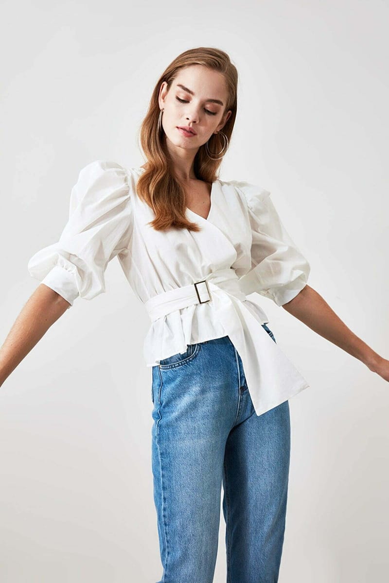 Solid Puff Sleeve Waist Tie-Up Wrap Top - Shirts & Blouses 49