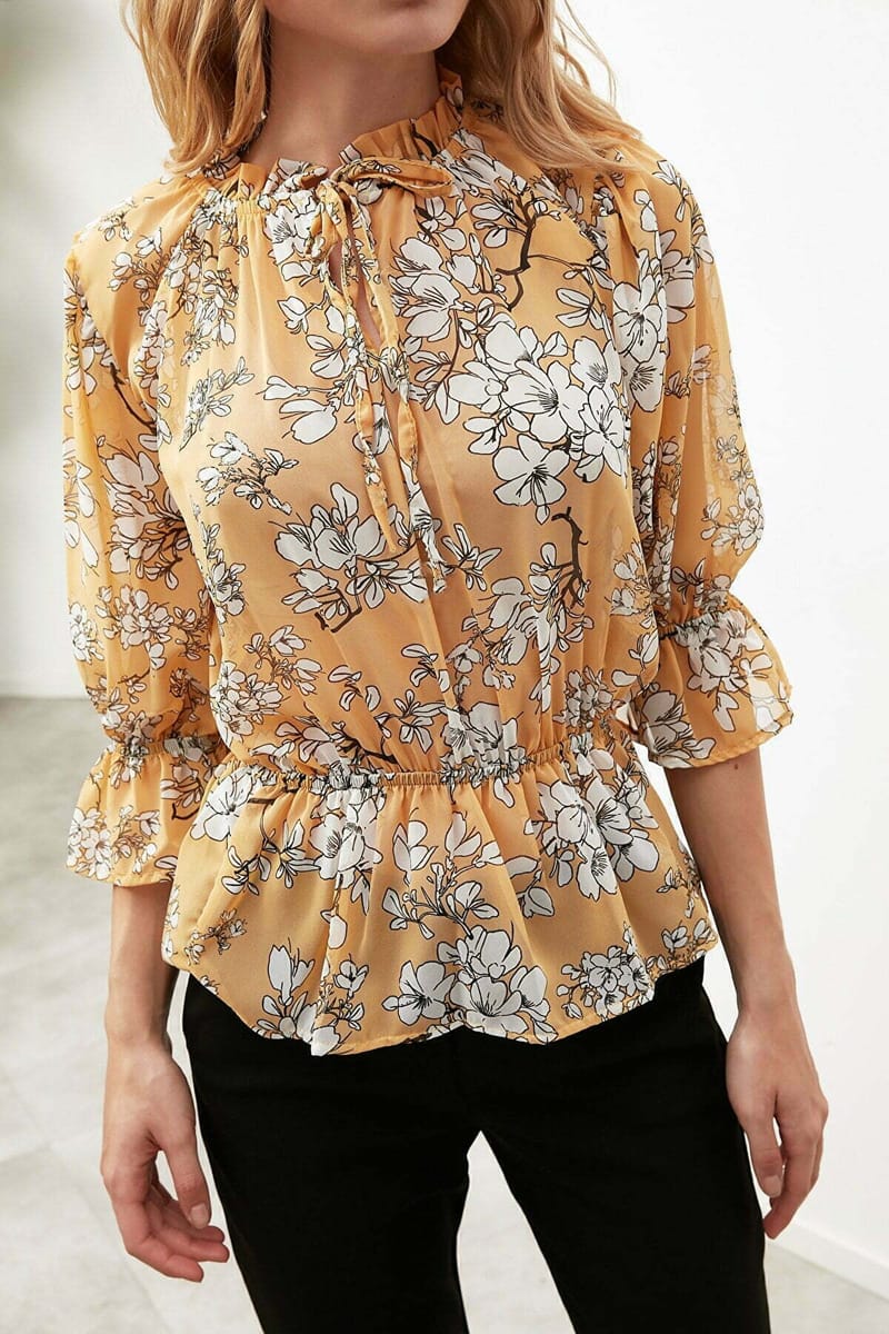 Floral Print Woven Top - Long Sleeve Tops 18