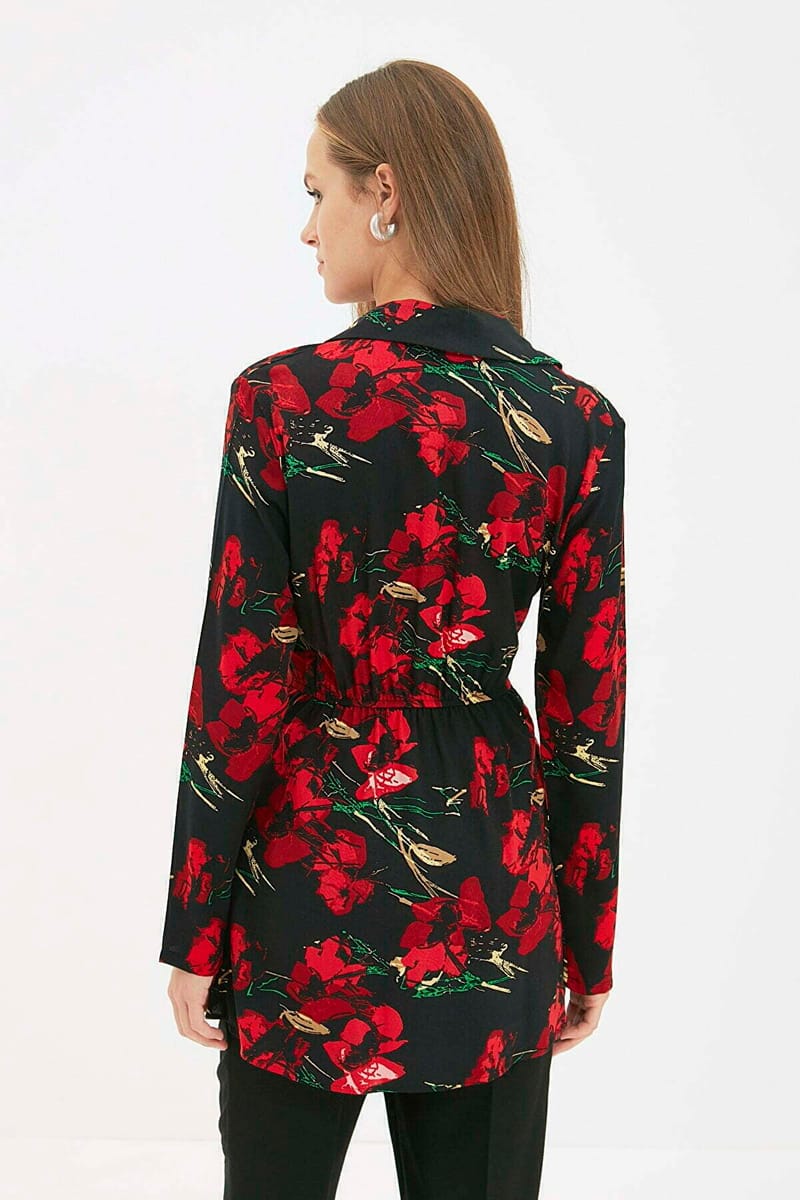 Shirt Collar Floral Patterned Belted Tunic - Tunics 19