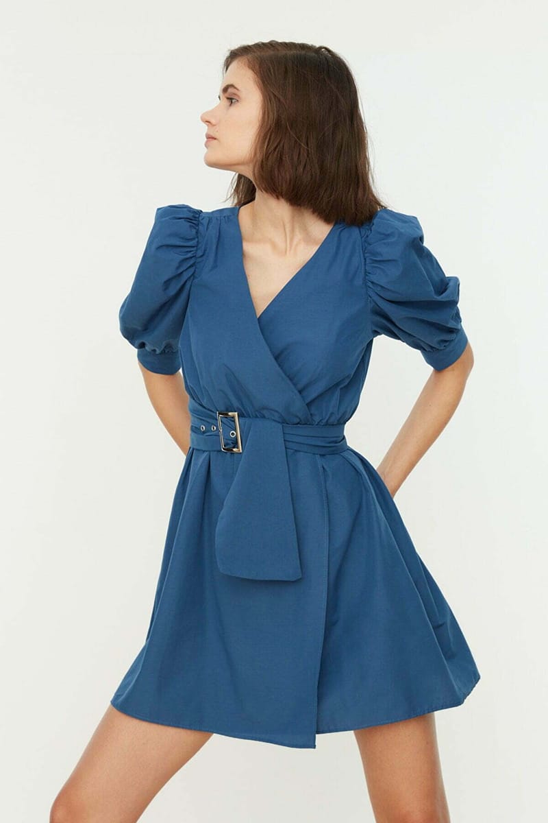 Puff Sleeve Surplice Dress - Mini Dresses 31