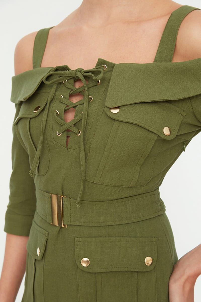 Lace Up Detail Cold Shoulder Dress - Mini Dresses 23