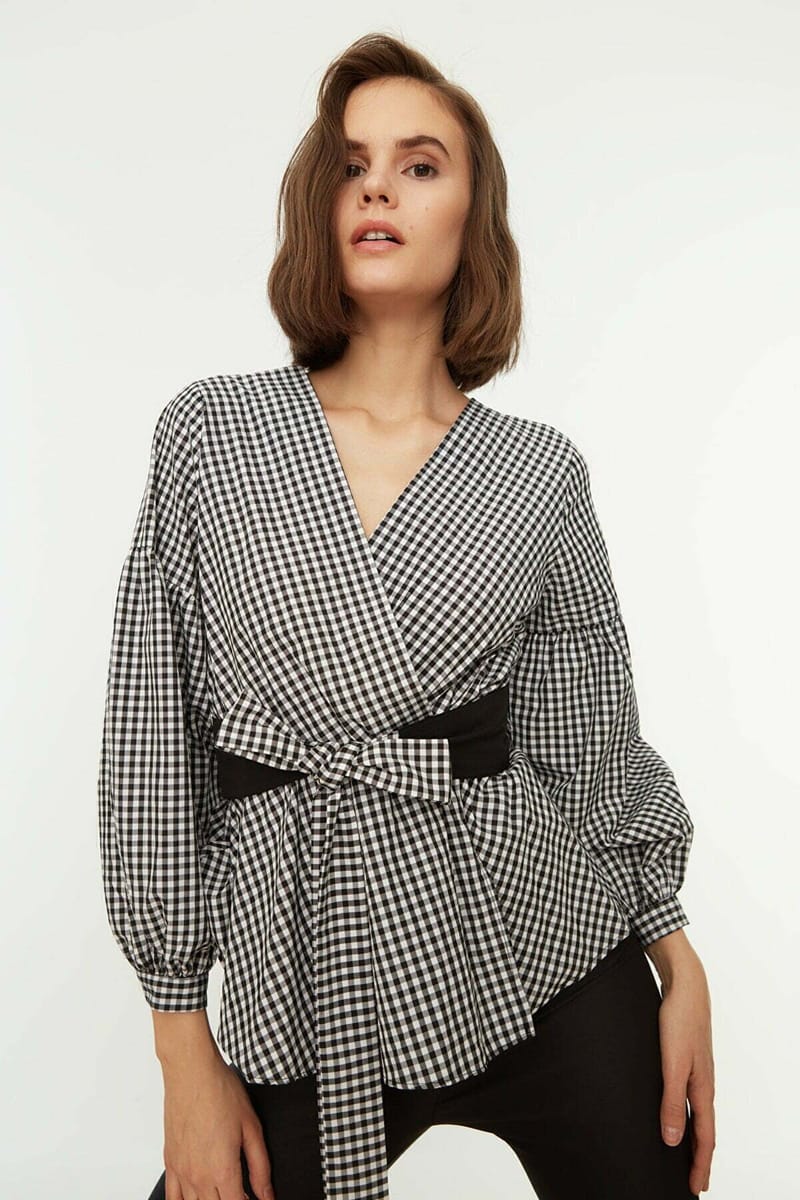 Black Belted Double-Breasted Weave Checkered Blouse - Shirts & Blouses 51