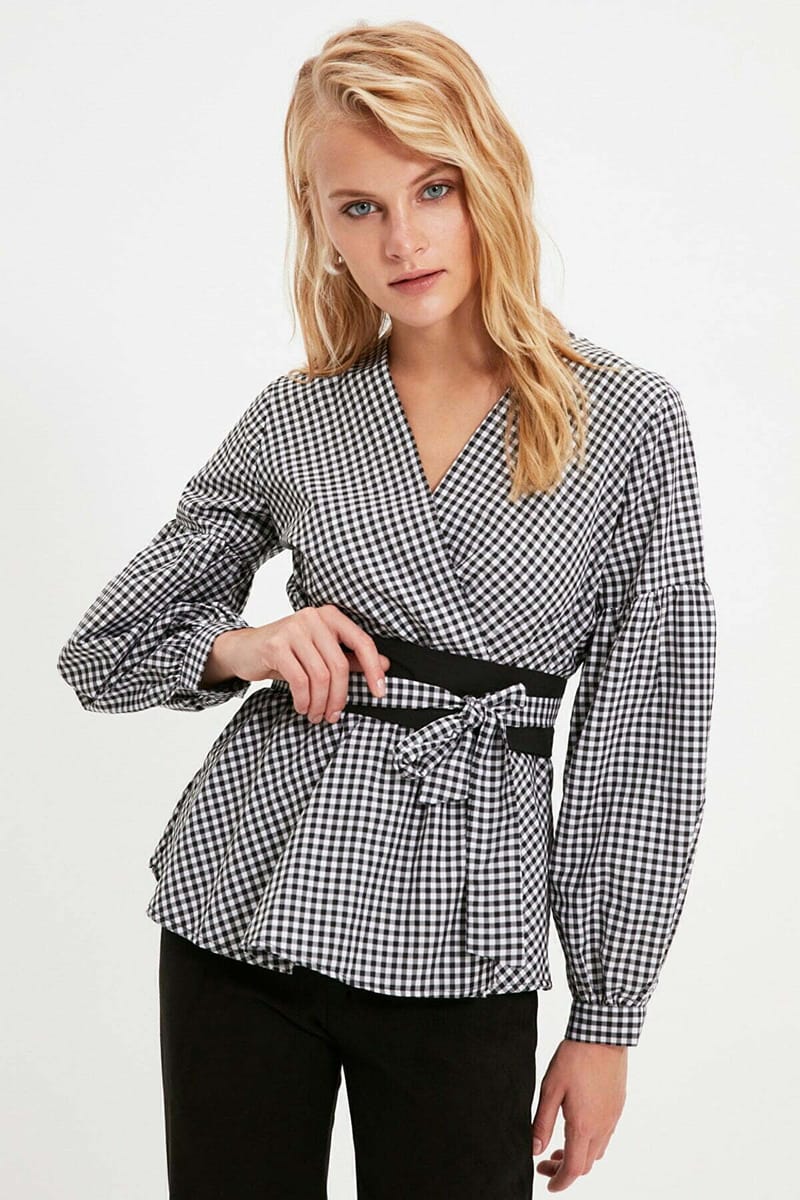 Black Belted Double-Breasted Weave Checkered Blouse - Shirts & Blouses 57