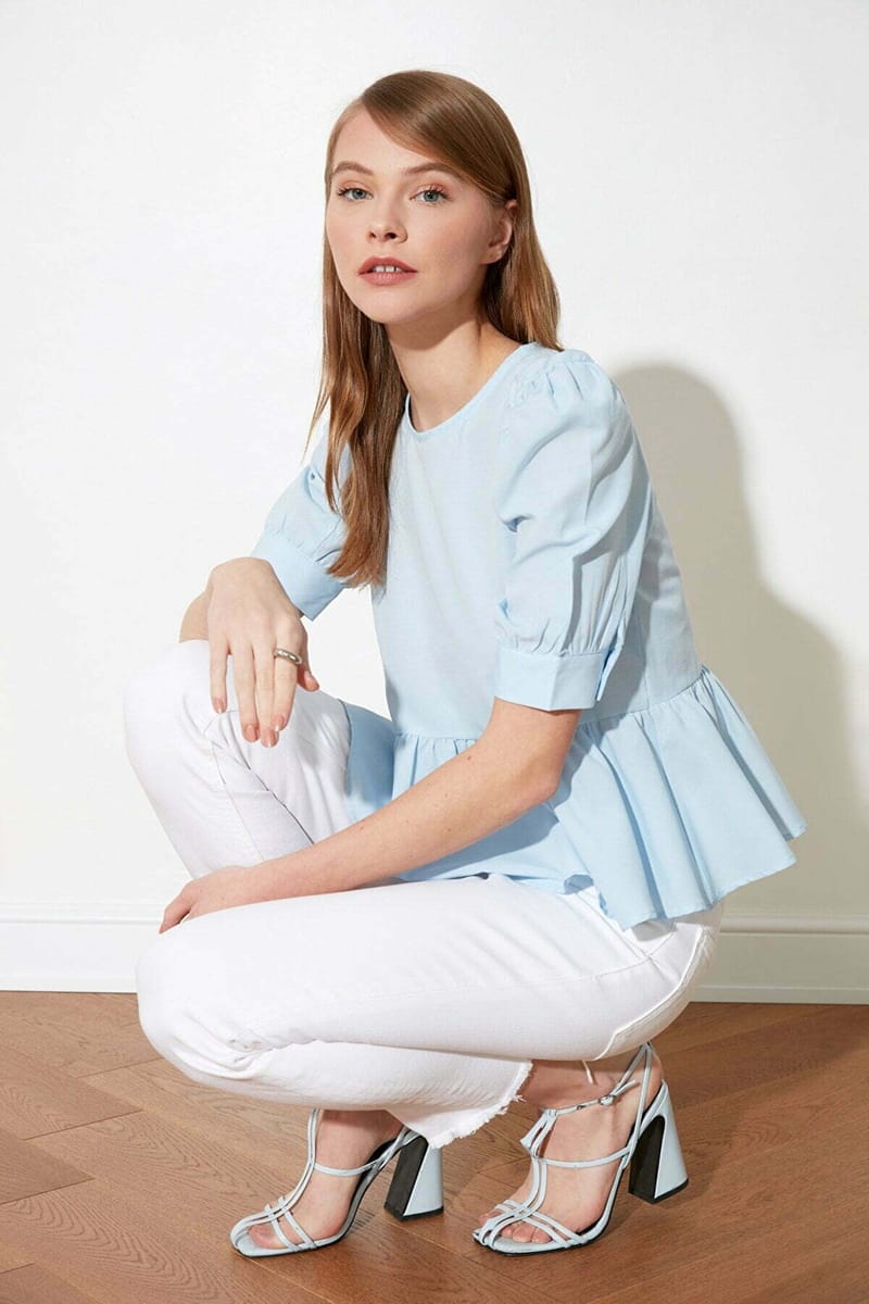 Puff Sleeve Peplum Top - Short Sleeve Tops 39
