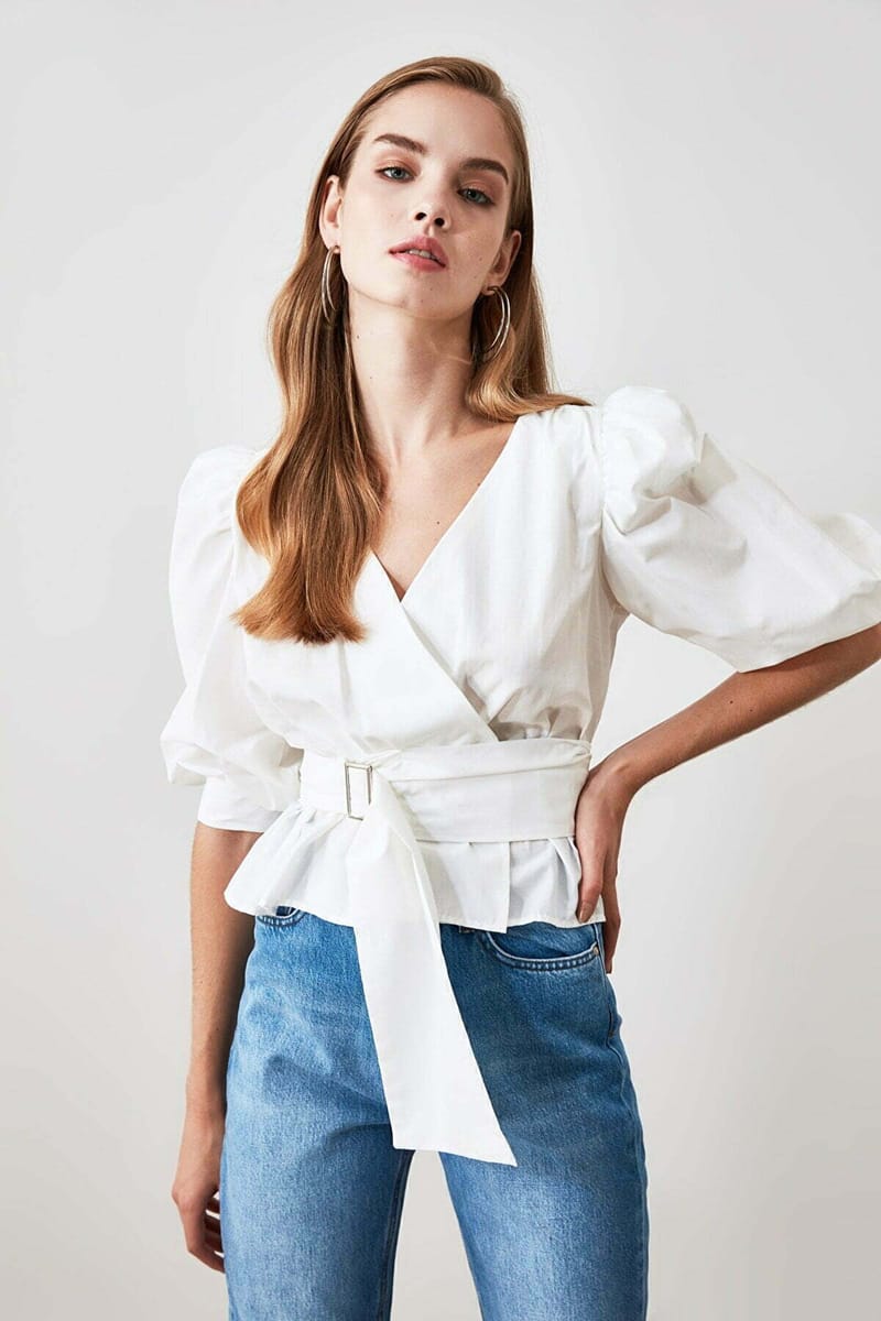 Solid Puff Sleeve Waist Tie-Up Wrap Top - Shirts & Blouses 50