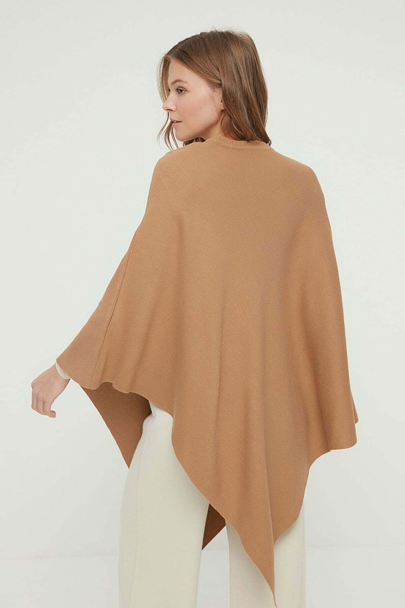 Camel Crew Neck Asymmetrical Poncho Sweater - Sweaters 14