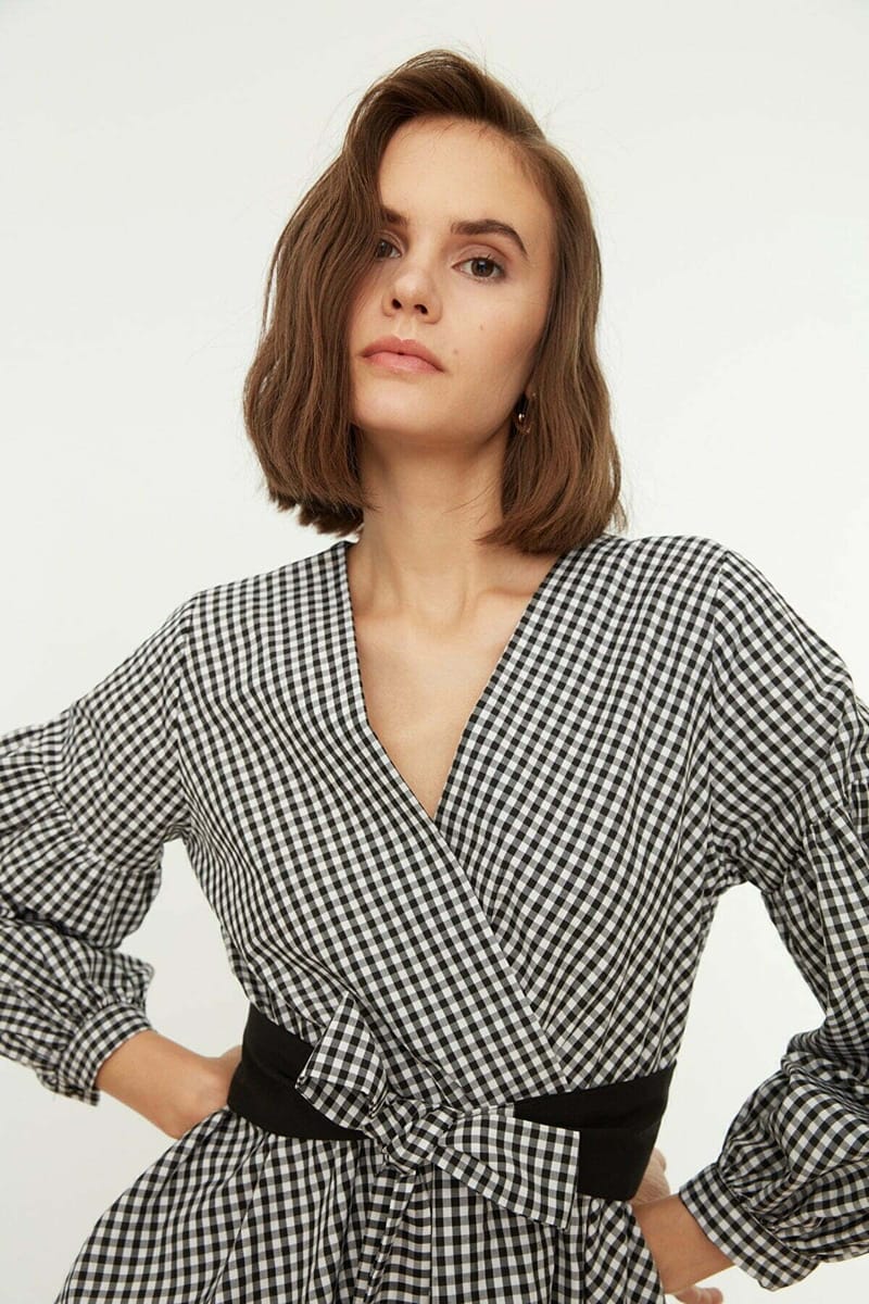 Black Belted Double-Breasted Weave Checkered Blouse - Shirts & Blouses 52