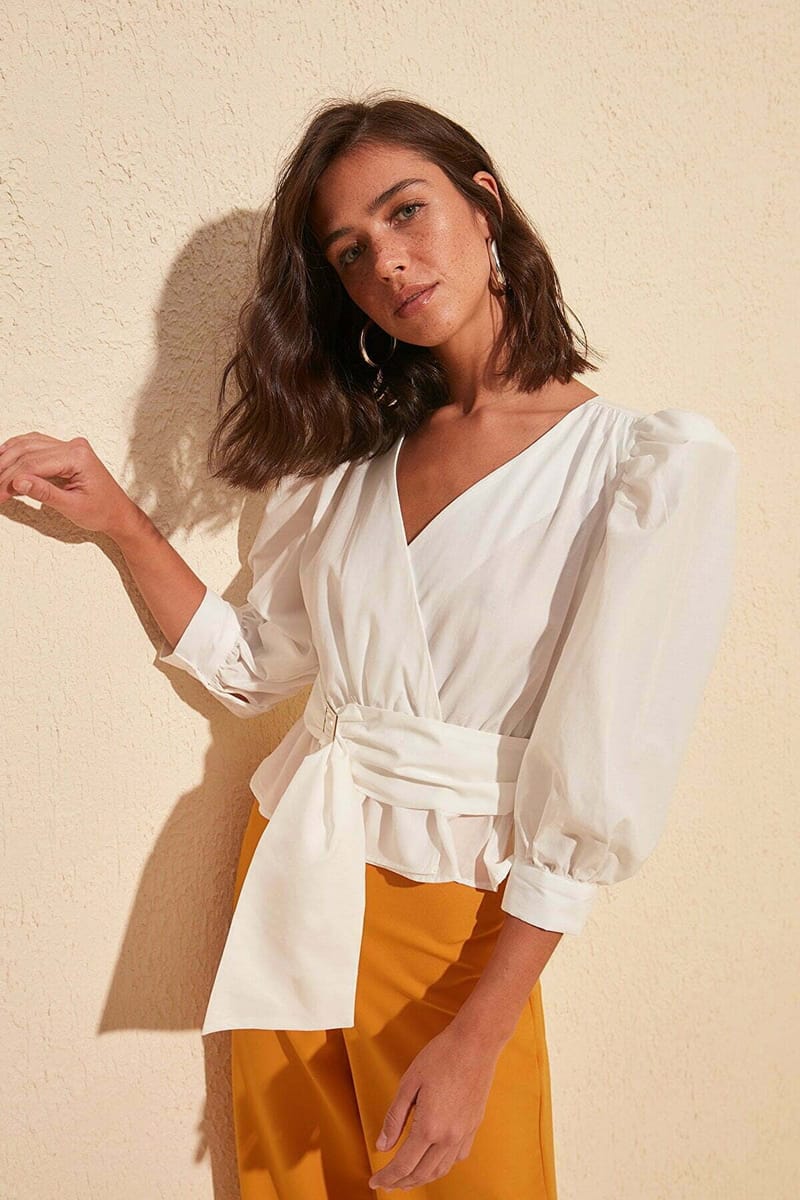 Solid Puff Sleeve Waist Tie-Up Wrap Top - Shirts & Blouses 52