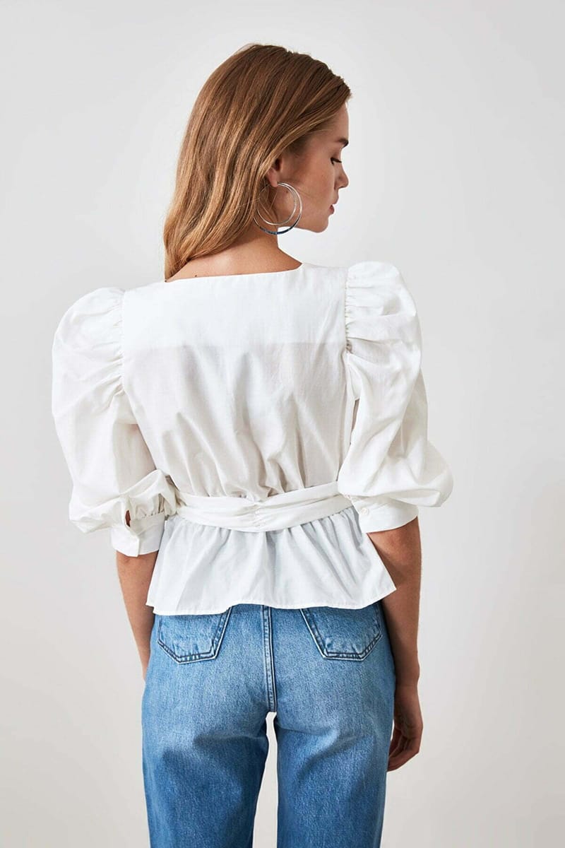 Solid Puff Sleeve Waist Tie-Up Wrap Top - Shirts & Blouses 51
