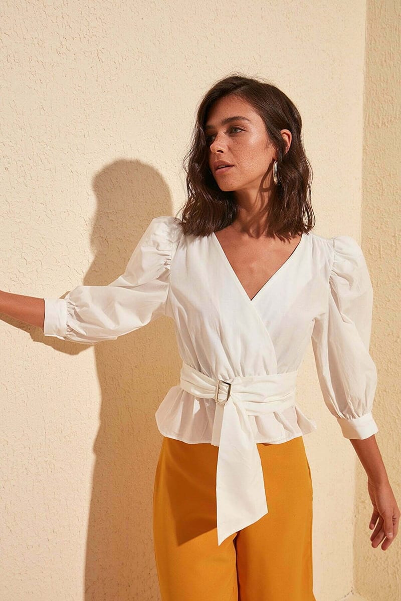 Solid Puff Sleeve Waist Tie-Up Wrap Top - Shirts & Blouses 53