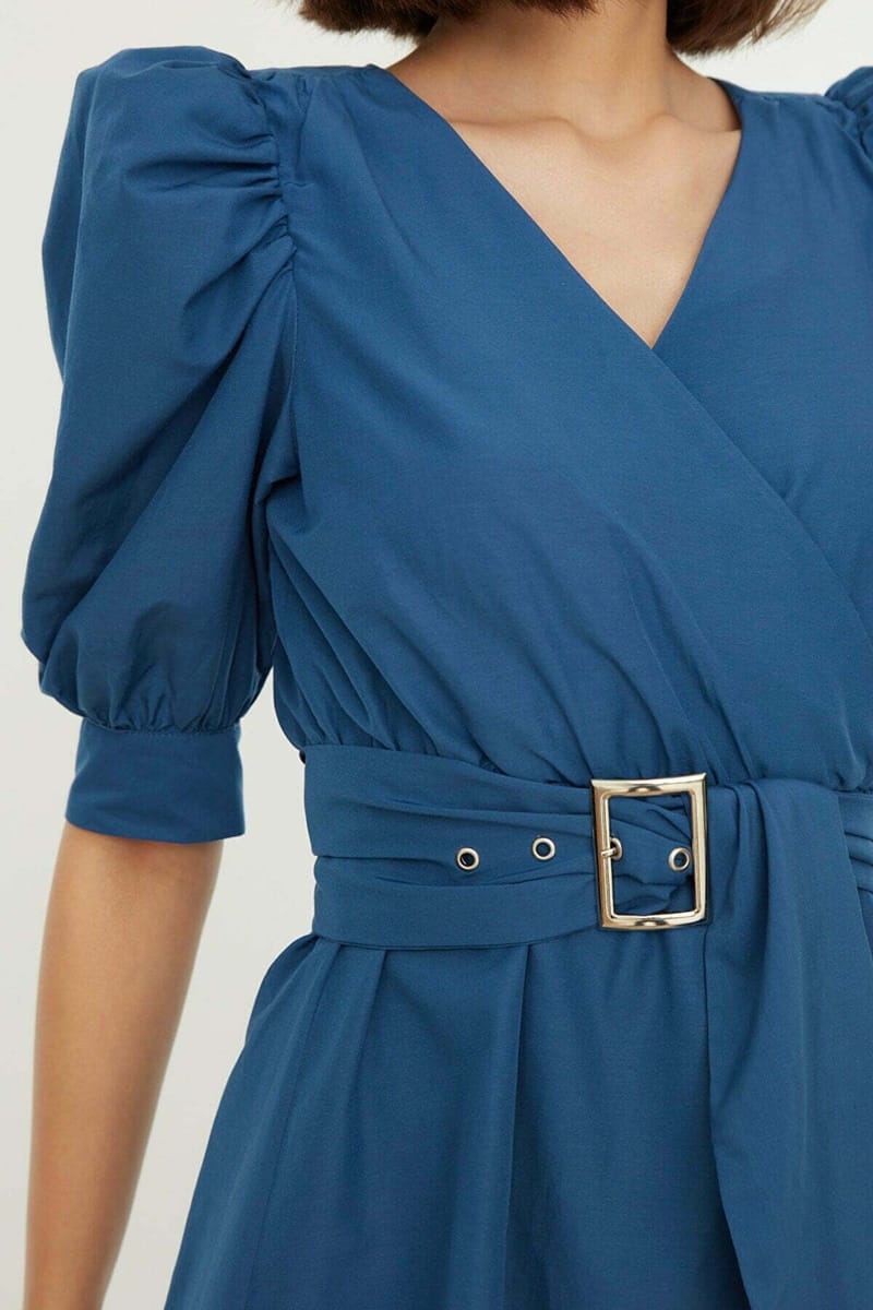 Puff Sleeve Surplice Dress - Mini Dresses 33