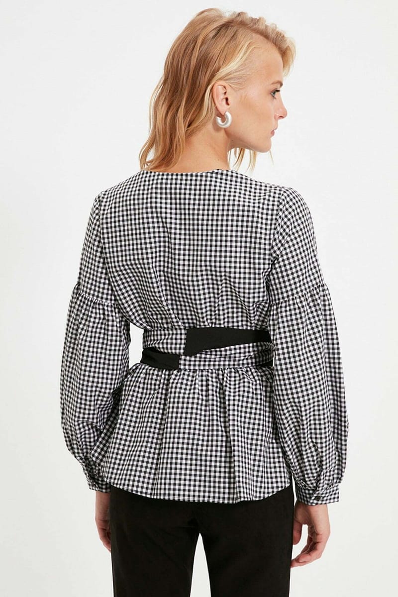 Black Belted Double-Breasted Weave Checkered Blouse - Shirts & Blouses 59