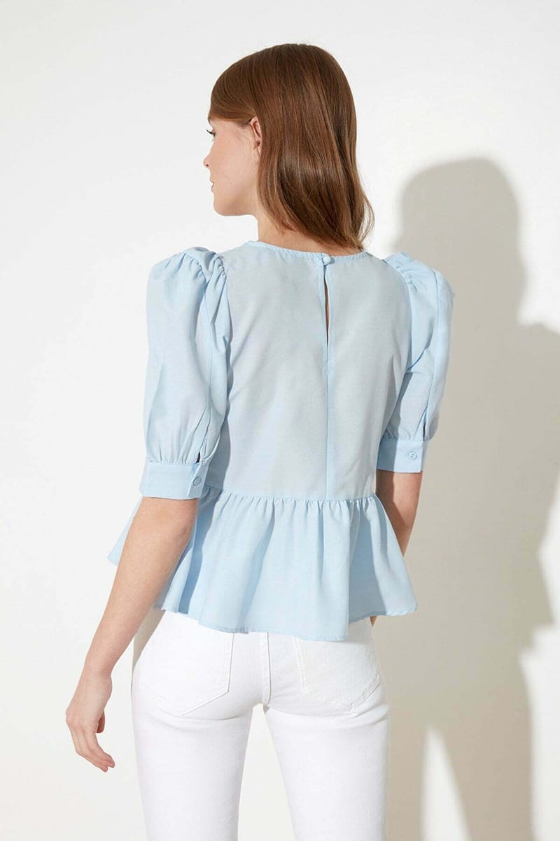 Puff Sleeve Peplum Top - Short Sleeve Tops 40