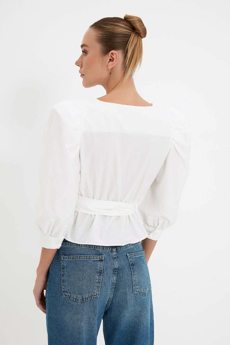 Solid Puff Sleeve Waist Tie-Up Wrap Top - Shirts & Blouses 46