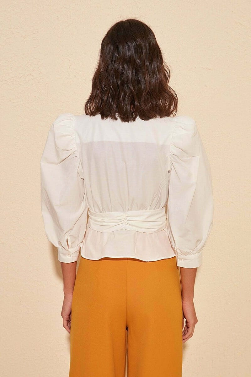 Solid Puff Sleeve Waist Tie-Up Wrap Top - Shirts & Blouses 55