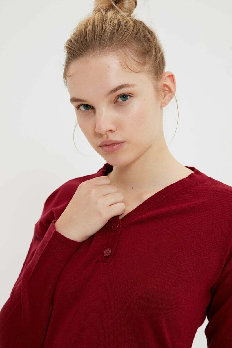 Burgundy Long Sleeve V-Neck Button Detail Women's Top - Long Sleeve Tops 16