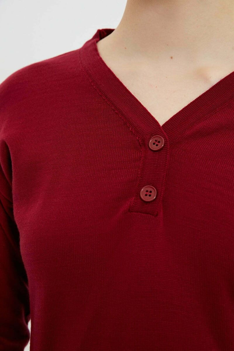 Burgundy Long Sleeve V-Neck Button Detail Women's Top - Long Sleeve Tops 18