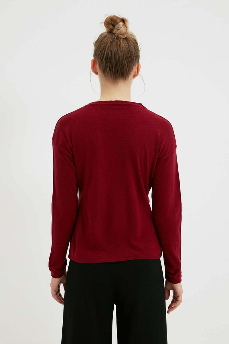 Burgundy Long Sleeve V-Neck Button Detail Women's Top - Long Sleeve Tops 19