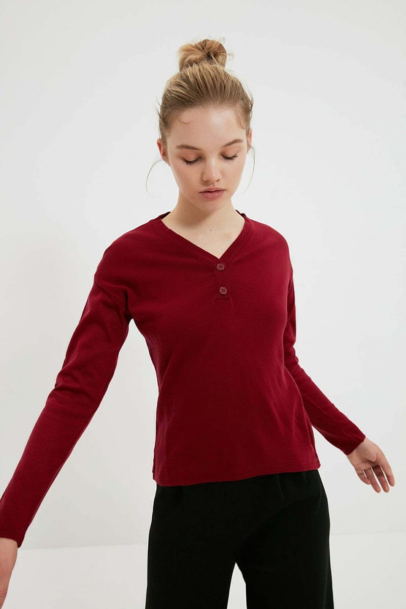 Burgundy Long Sleeve V-Neck Button Detail Women's Top - Long Sleeve Tops 15