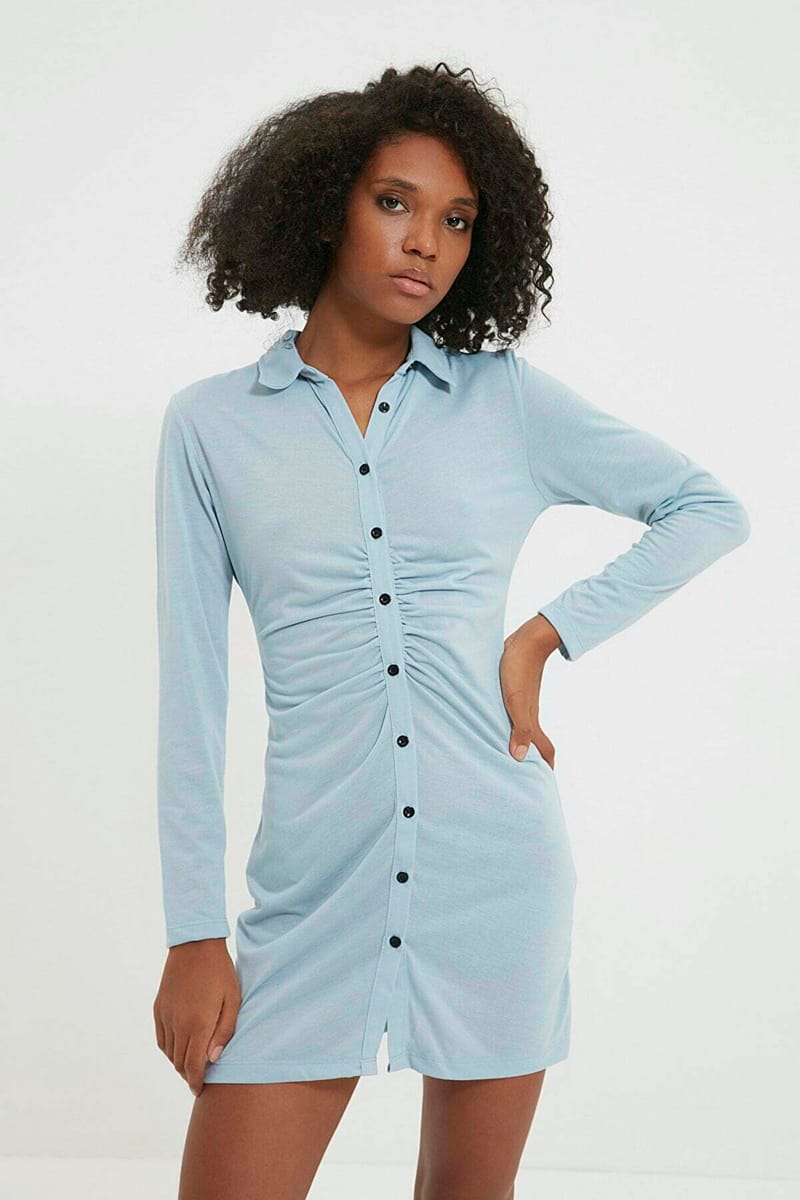 Blue Long Sleeve Pleated Button Down Shirt Women's Dress - Mini Dresses 21