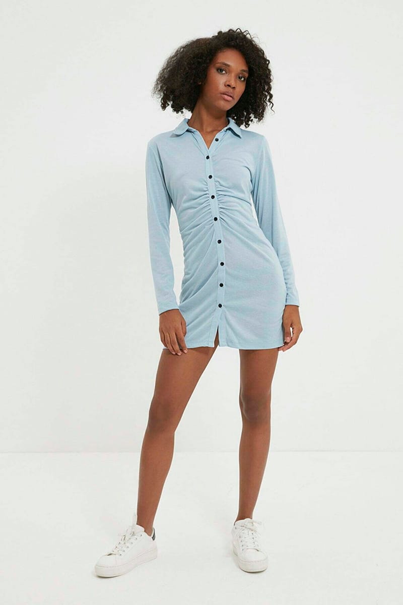 Blue Long Sleeve Pleated Button Down Shirt Women's Dress - Mini Dresses 20