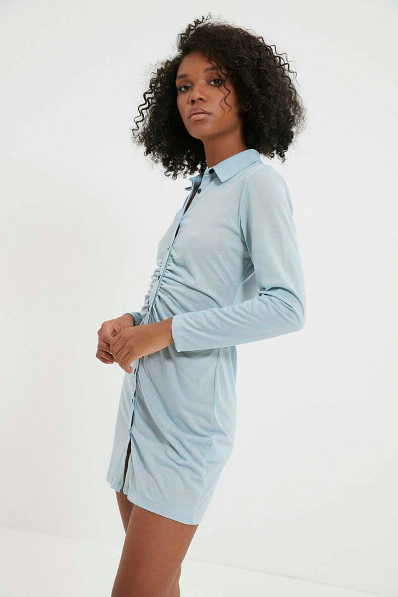 Blue Long Sleeve Pleated Button Down Shirt Women's Dress - Mini Dresses 22