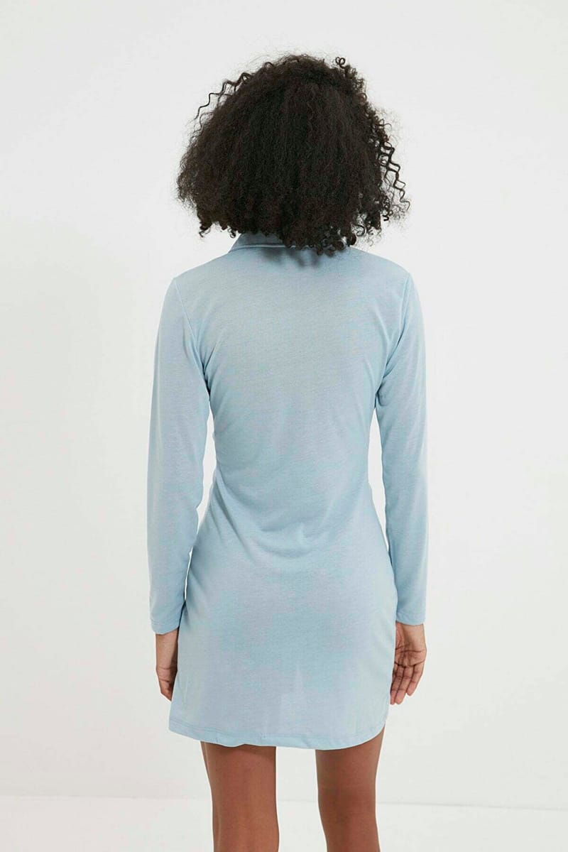 Blue Long Sleeve Pleated Button Down Shirt Women's Dress - Mini Dresses 24