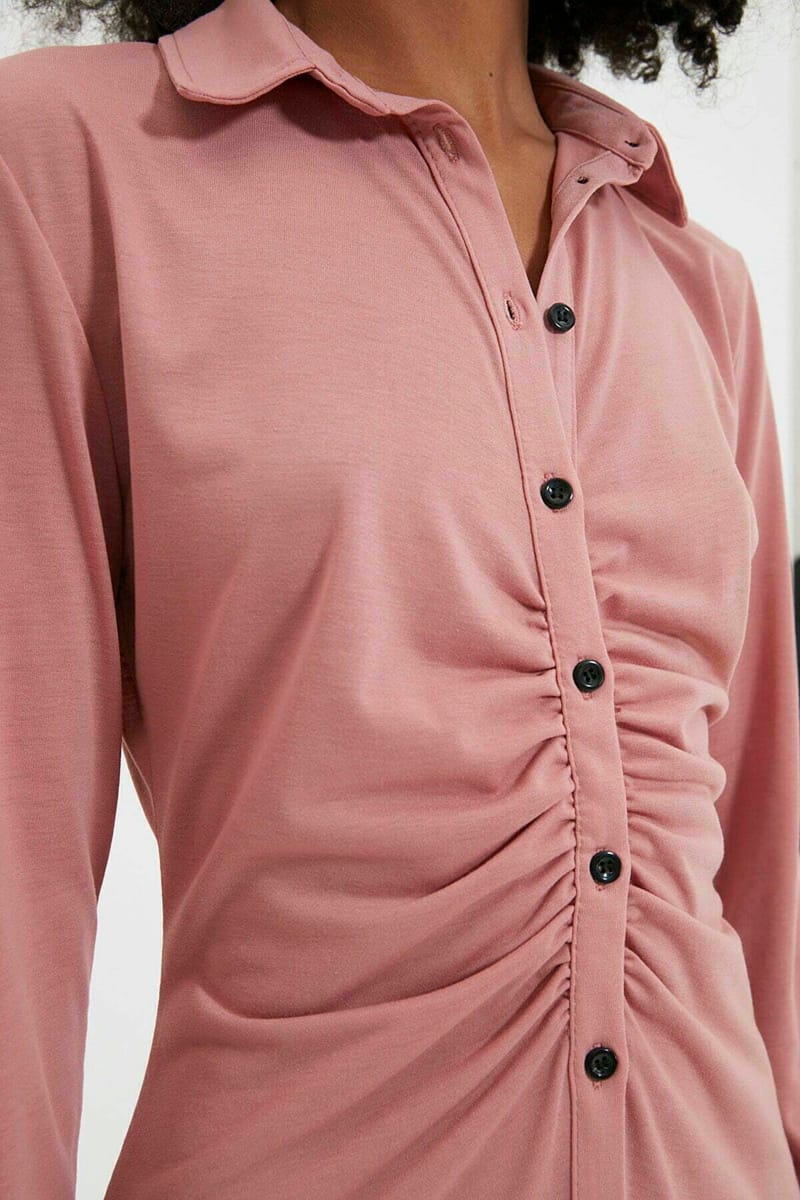 Pink Long Sleeve Pleated Button Down Shirt Women's Dress - Mini Dresses 21