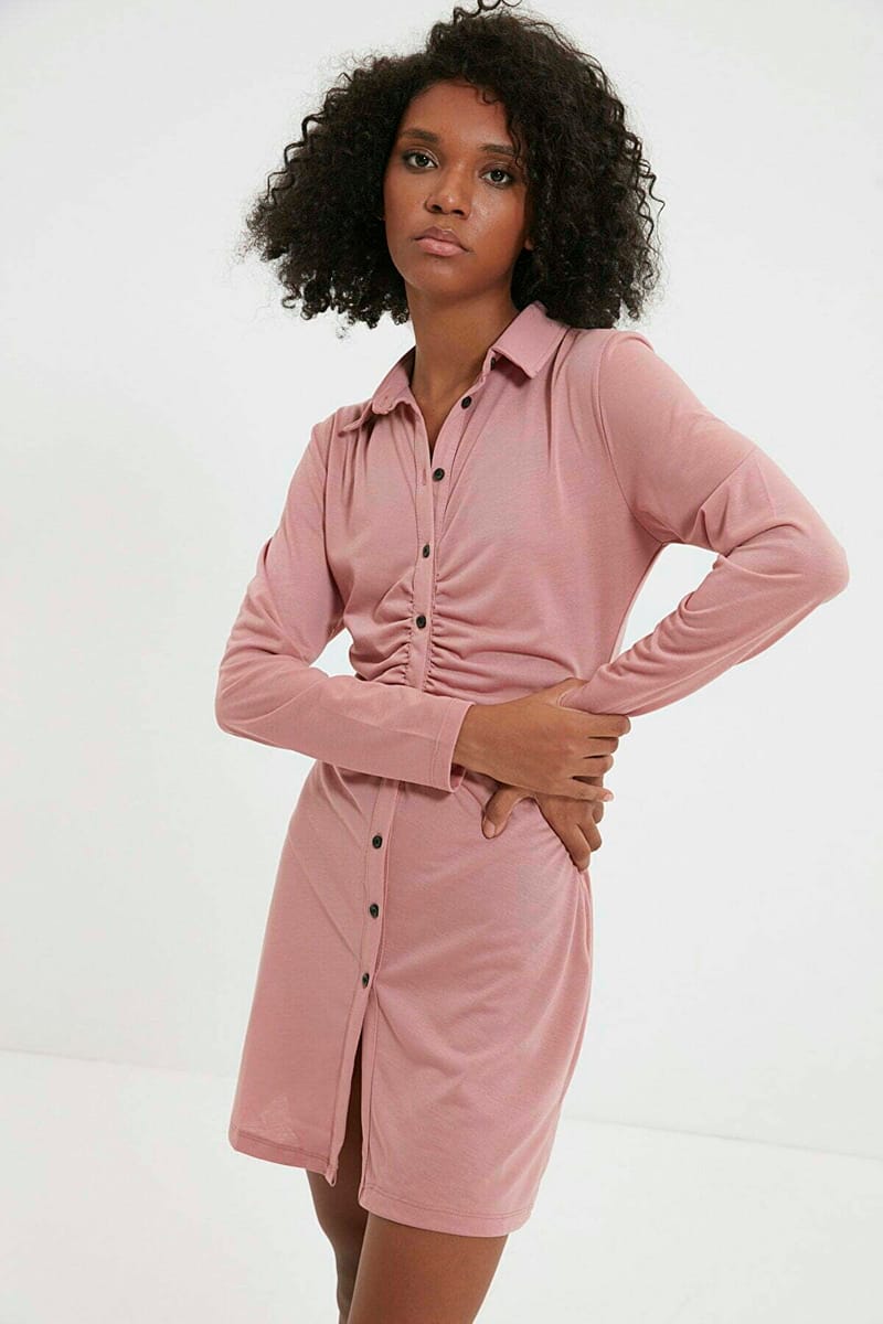 Pink Long Sleeve Pleated Button Down Shirt Women's Dress - Mini Dresses 22