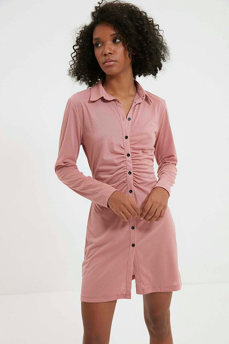 Pink Long Sleeve Pleated Button Down Shirt Women's Dress - Mini Dresses 23