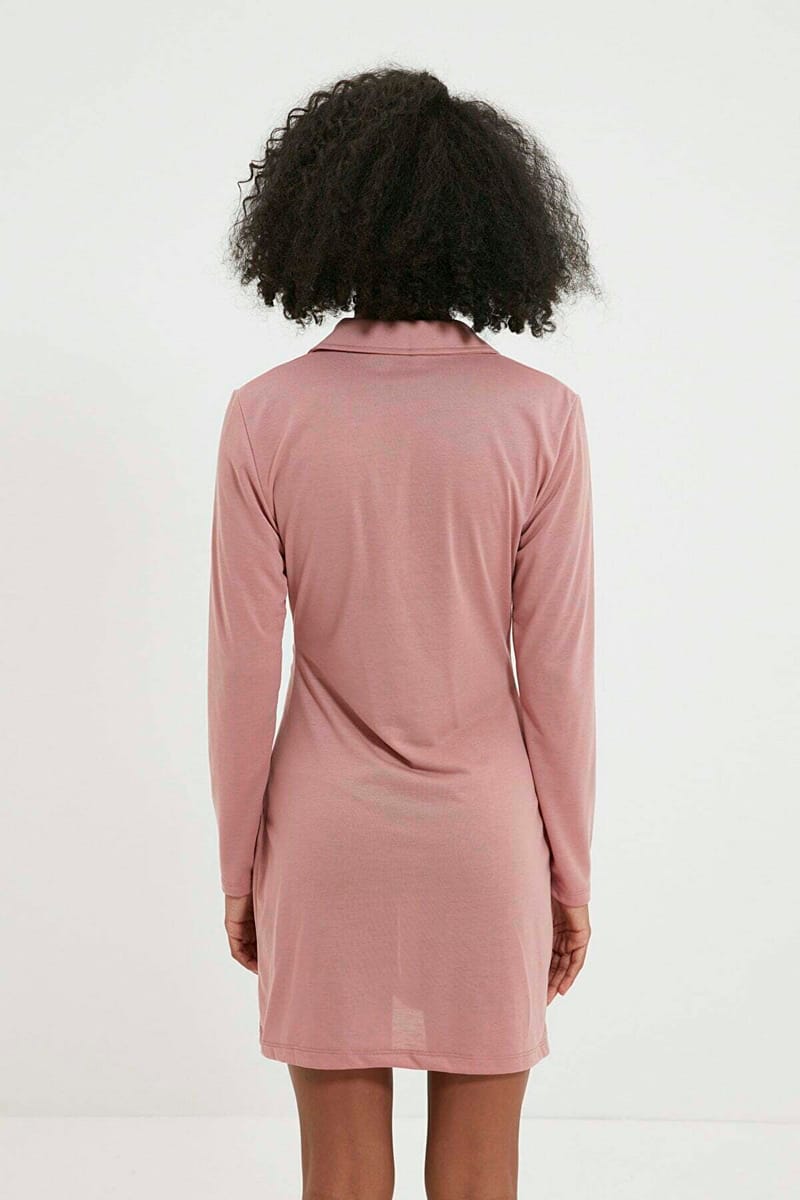 Pink Long Sleeve Pleated Button Down Shirt Women's Dress - Mini Dresses 24