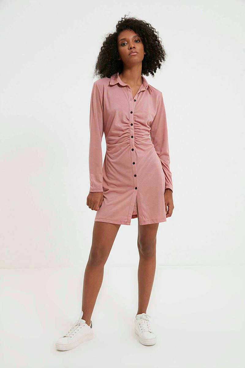 Pink Long Sleeve Pleated Button Down Shirt Women's Dress - Mini Dresses 20
