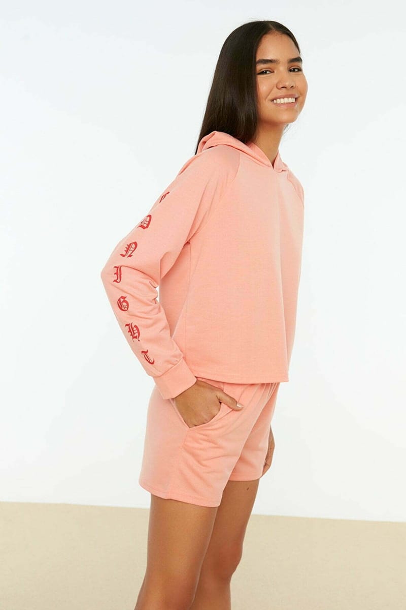 Peach Sleeve Print Knitted Pyjama Hoodie And Shorts Women's Set Trendyol - Women's Co-ord Sets 1