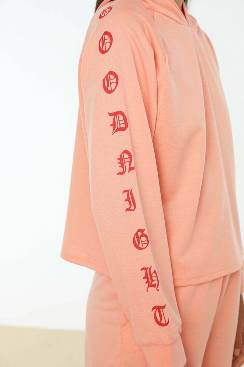 Peach Sleeve Print Knitted Pyjama Hoodie And Shorts Women's Set Trendyol - Women's Co-ord Sets 2