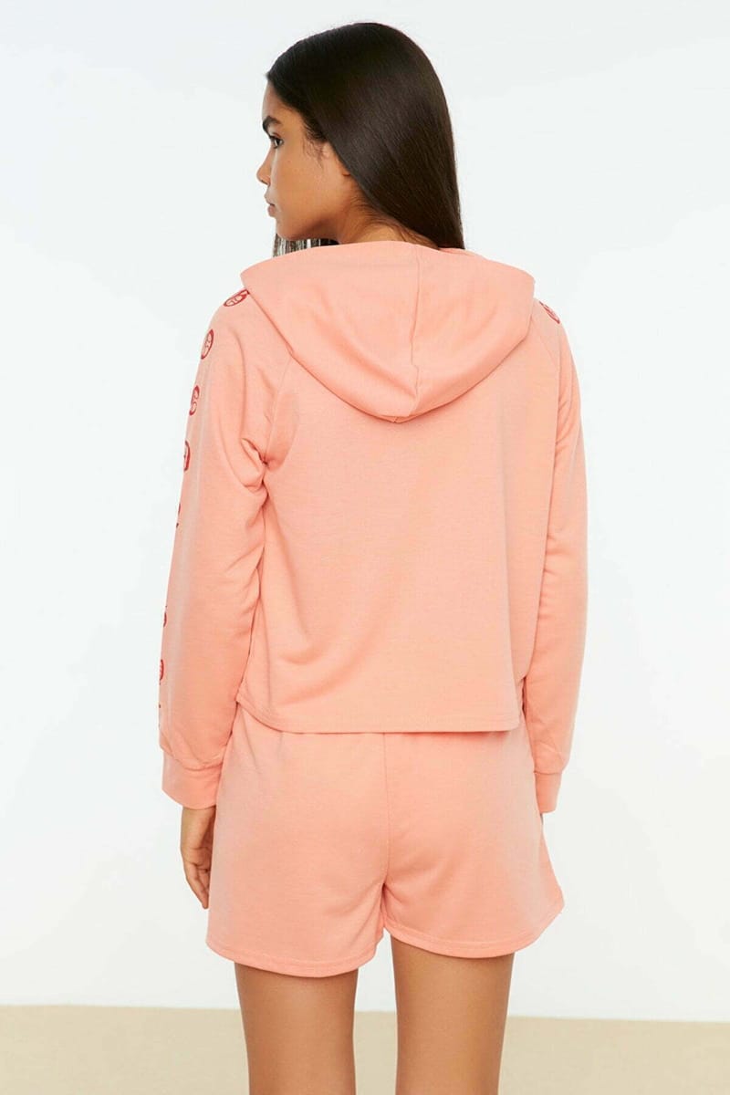 Peach Sleeve Print Knitted Pyjama Hoodie And Shorts Women's Set Trendyol - Women's Co-ord Sets 3