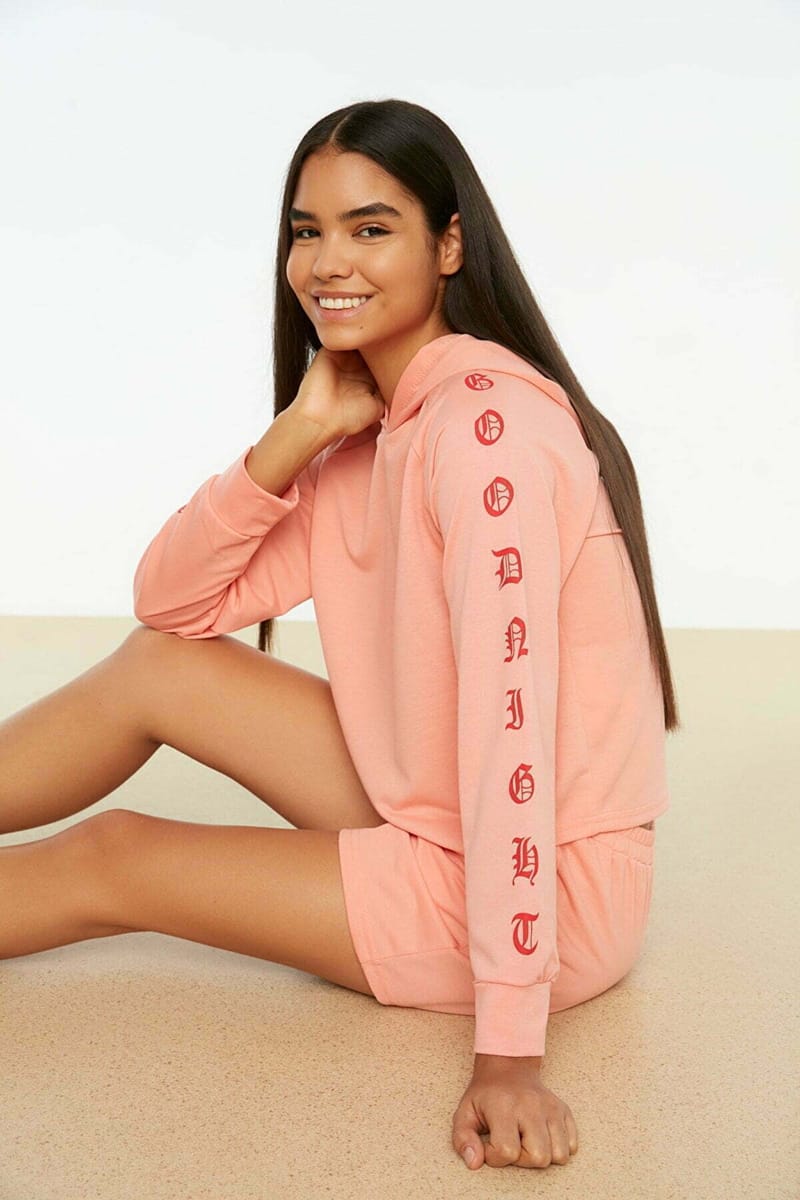 Peach Sleeve Print Knitted Pyjama Hoodie And Shorts Women's Set Trendyol - Women's Co-ord Sets 4