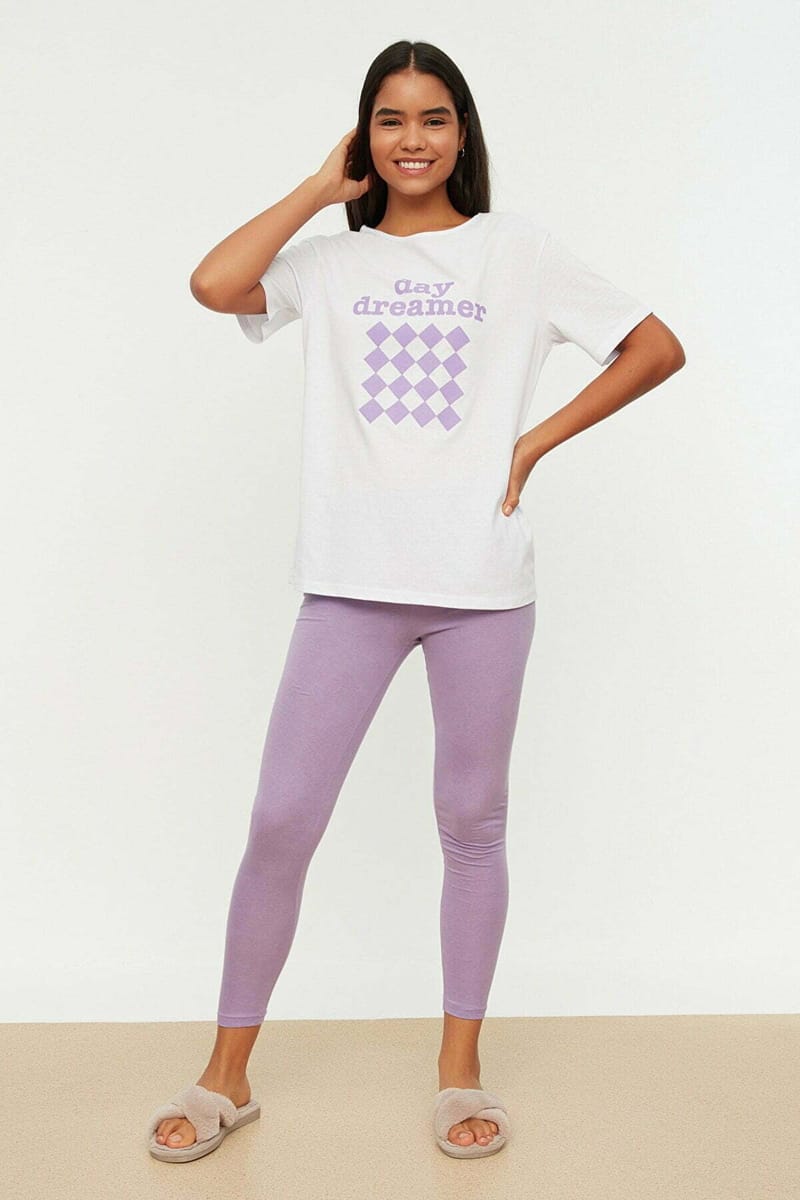 White Front Print Crew Neck T-Shirt And Pants Pyjama Women's Set White Front Print Crew Neck T-Shirt And Pants Pyjama Women's Set - Co-ord Sets 25