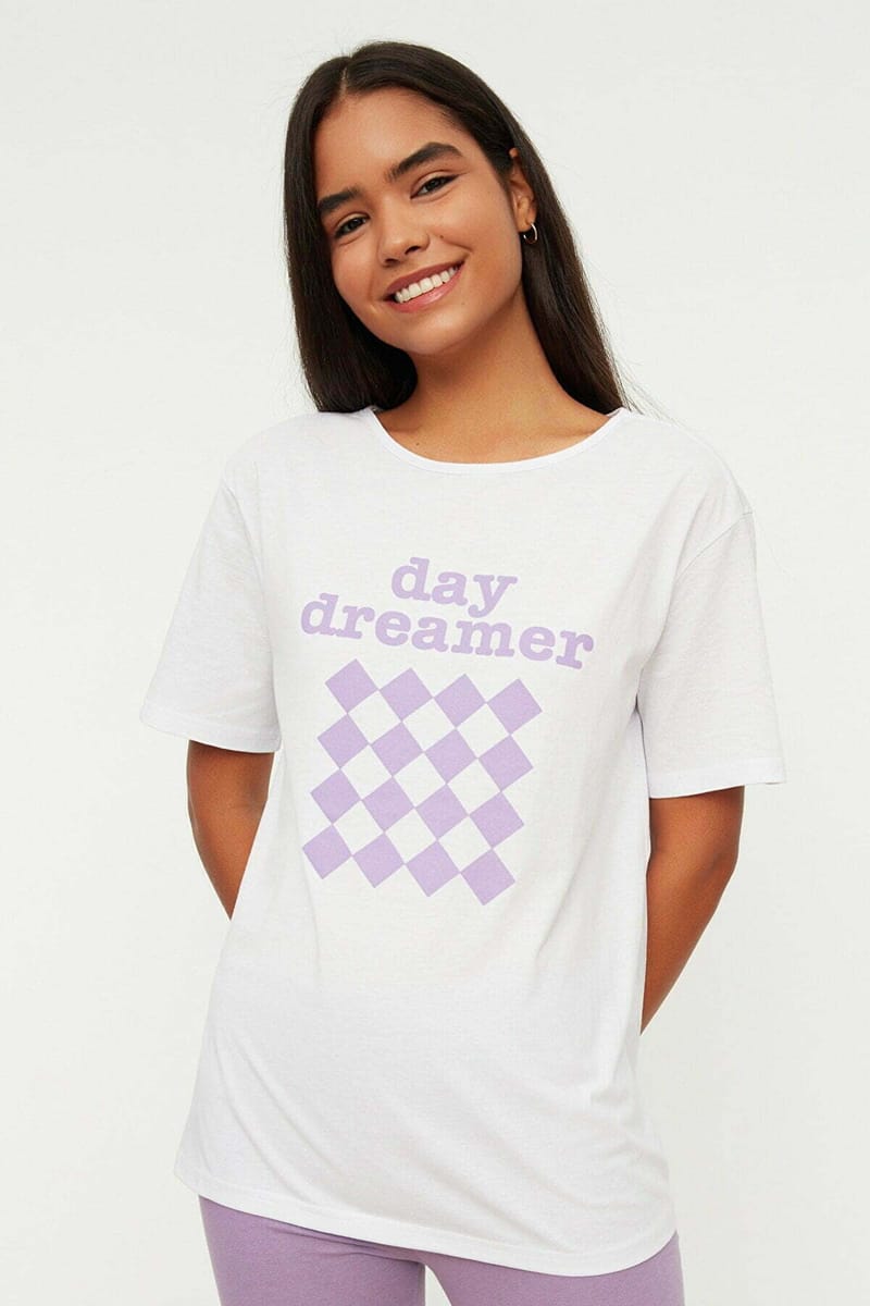 White Front Print Crew Neck T-Shirt And Pants Pyjama Women's Set White Front Print Crew Neck T-Shirt And Pants Pyjama Women's Set - Co-ord Sets 26